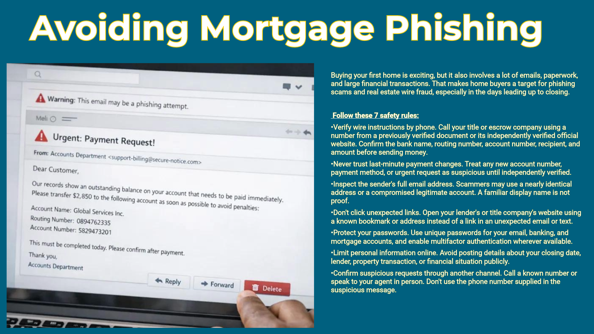 A visual chart which tells first-time homebuyers how to avoid fraud